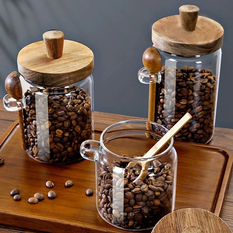 Spezia — Frascos de Vidrio con Tapa de Madera y Cuchara