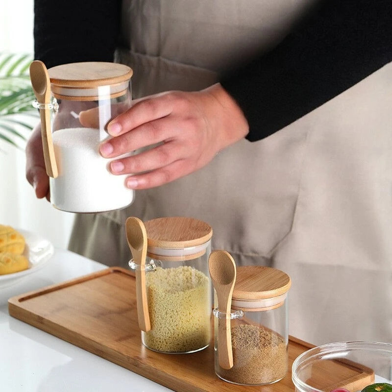 Frascos de especias de vidrio con tapa de bambú Spezia