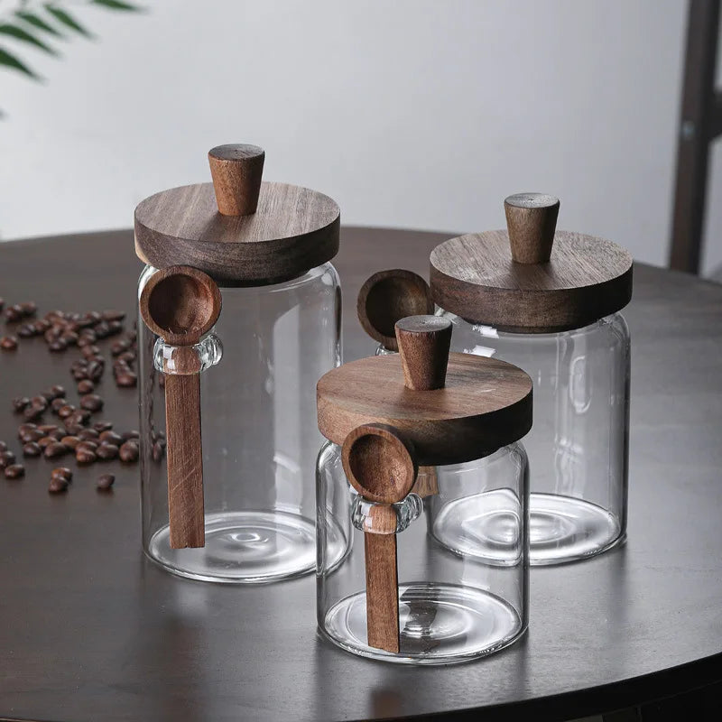 Spezia — Frascos de Vidrio con Tapa de Madera y Cuchara