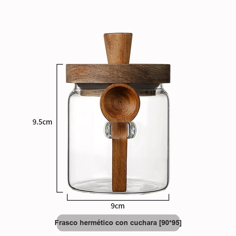 Spezia — Frascos de Vidrio con Tapa de Madera y Cuchara