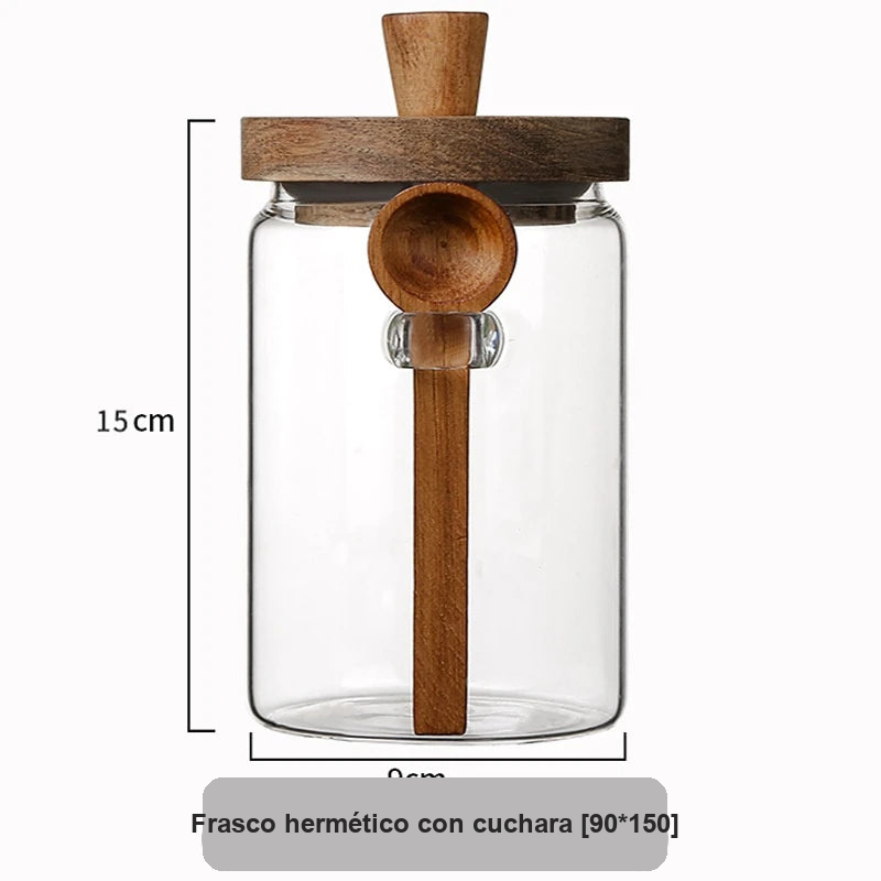 Spezia — Frascos de Vidrio con Tapa de Madera y Cuchara