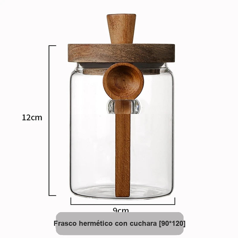 Spezia — Frascos de Vidrio con Tapa de Madera y Cuchara